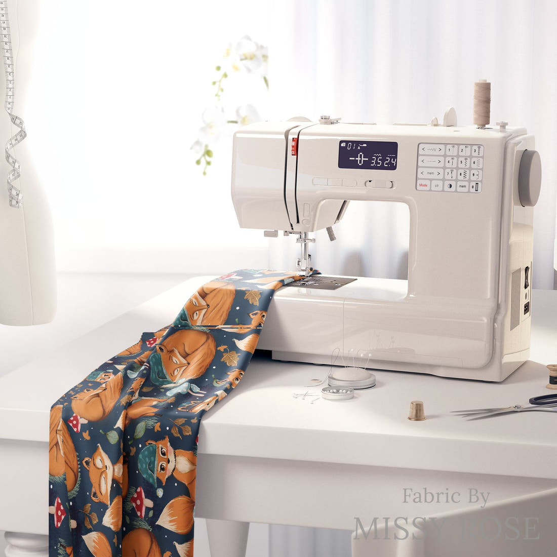 Design 403 Sleepy Fox Fabric on a sewing machine – premium fabric for sewing projects | Fabric by Missy Rose