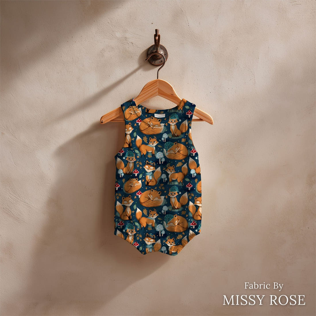 Design 403 Sleepy Fox Fabric sewn into a baby romper – see how the print looks made up | Fabric by Missy Rose
