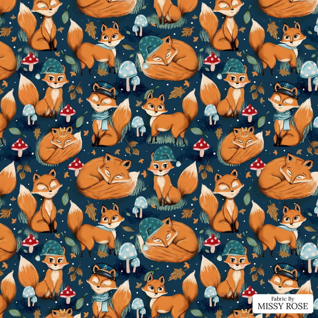 Design 403 Sleepy Fox Fabric - flat view of the print, zoom in for detail | Fabric by Missy Rose