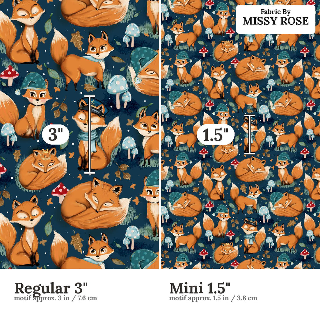 Design 403 Sleepy Fox Fabric size comparison - print scale | Fabric by Missy Rose
