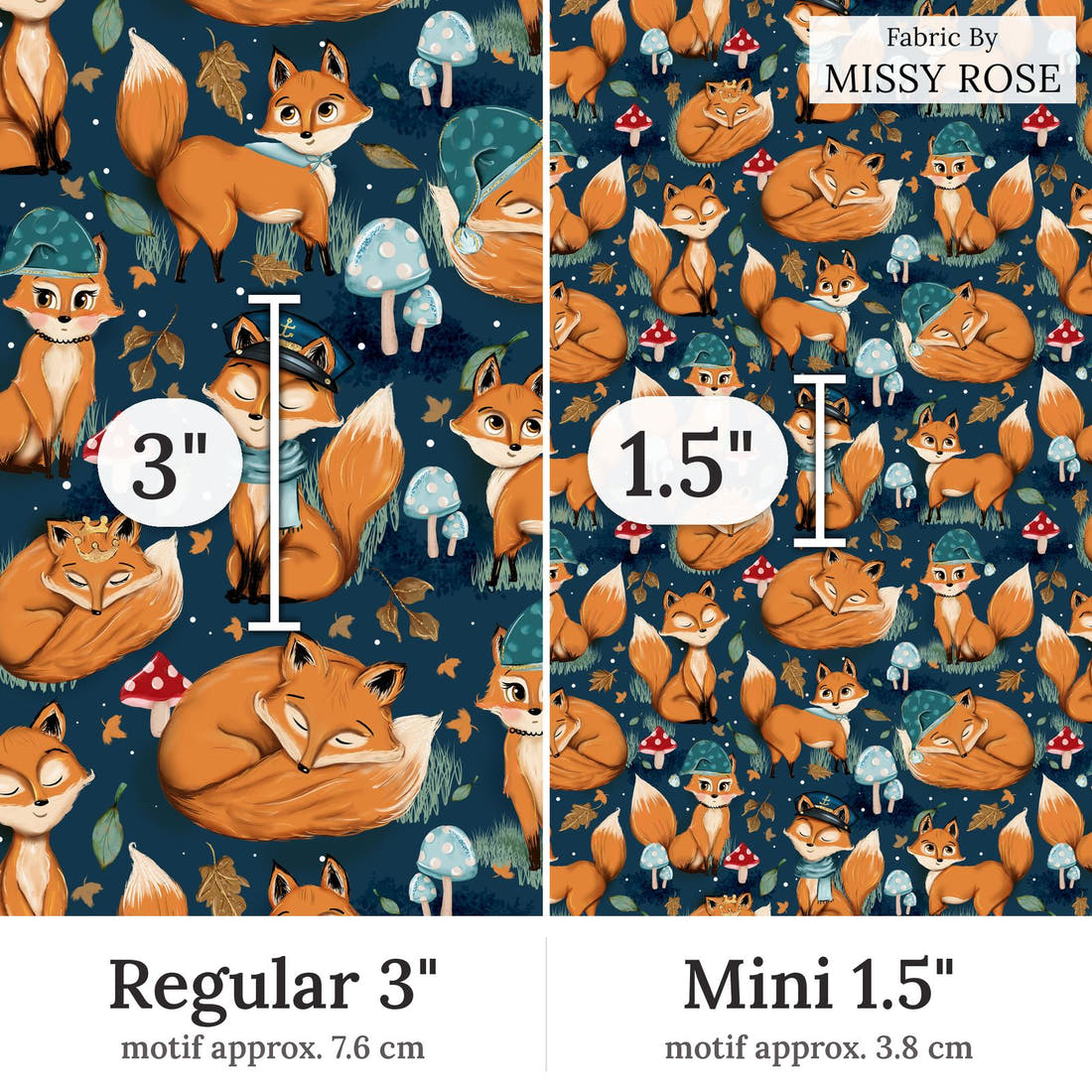 Design 403 Sleepy Fox Fabric Regular 3 inch vs Mini 1.5 inch print scale side by side | Fabric by Missy Rose