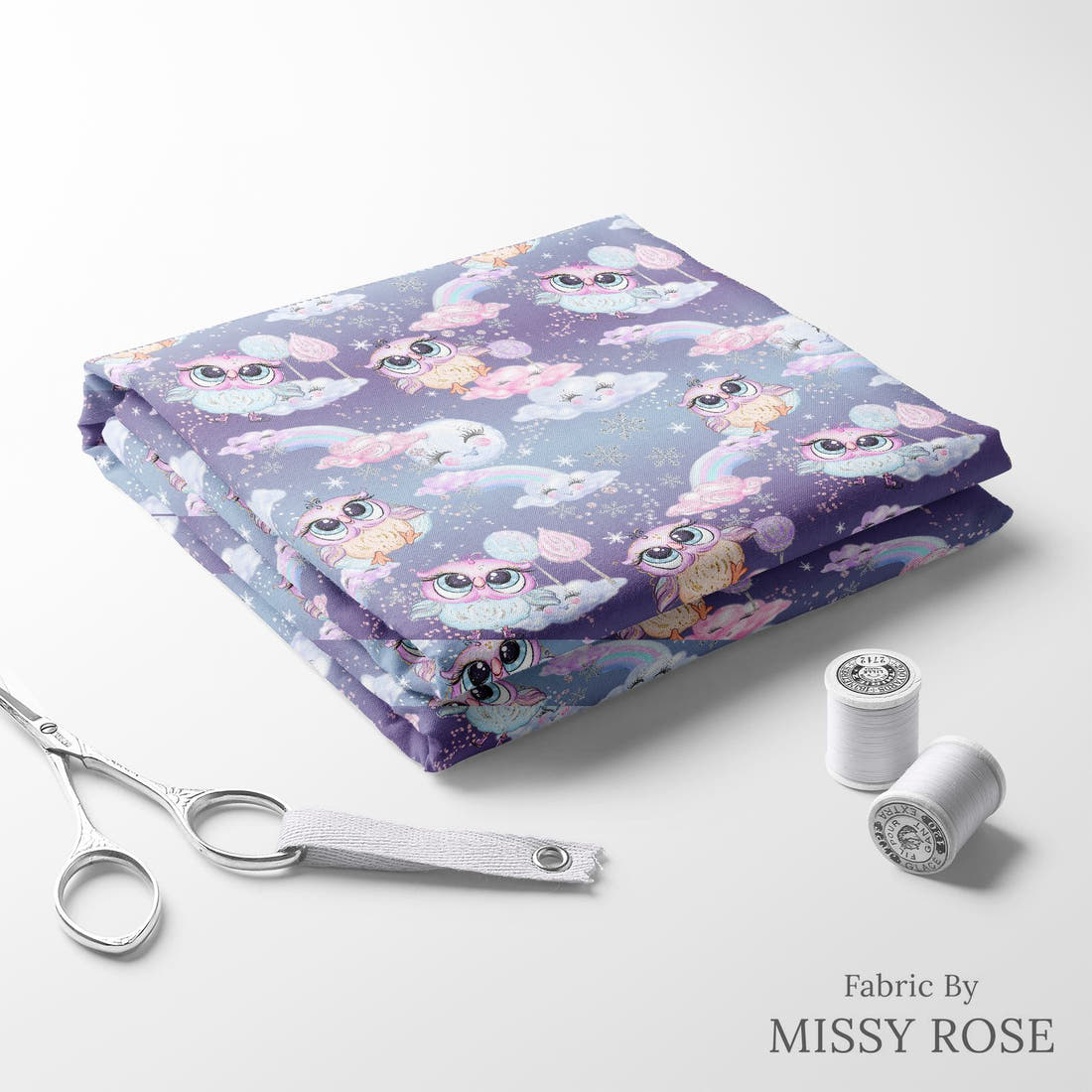Design 404 Owl Fabric folded fabric stack with matching thread – pre-order fabric Australia | Fabric by Missy Rose