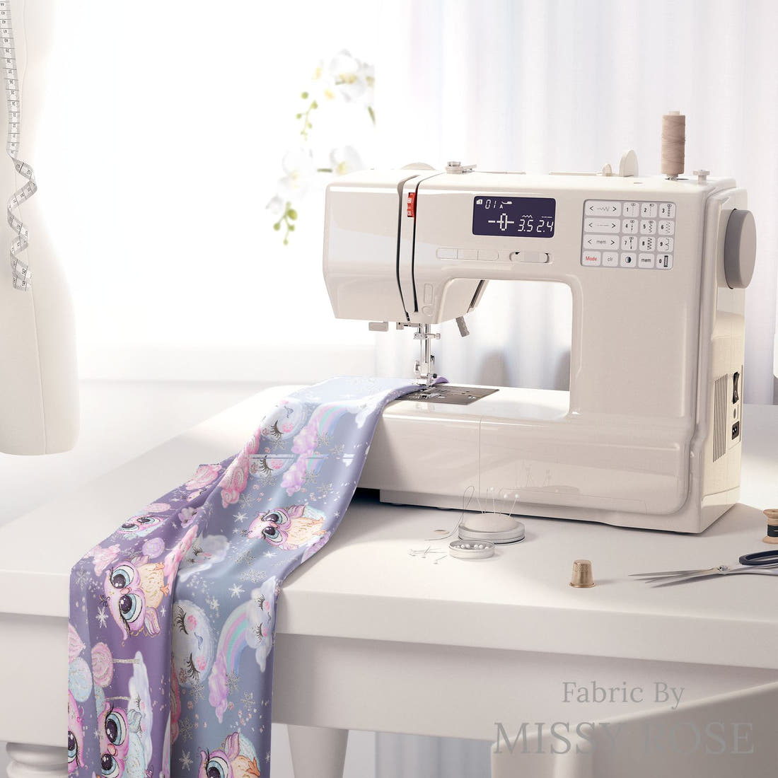 Design 404 Owl Fabric on a sewing machine – premium fabric for sewing projects | Fabric by Missy Rose