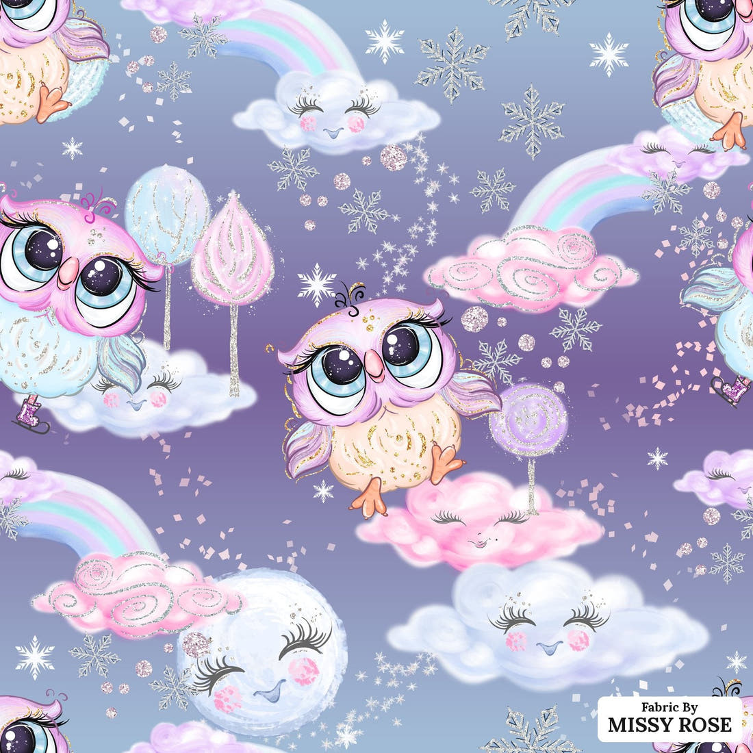 Design 404 Owl Fabric - flat view of the print, zoom in for detail | Fabric by Missy Rose
