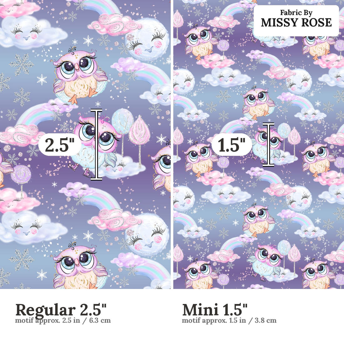 Design 404 Owl Fabric size comparison - print scale | Fabric by Missy Rose