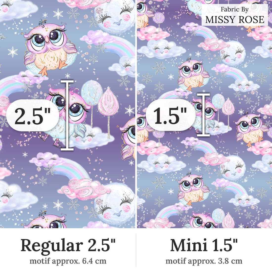 Design 404 Owl Fabric Regular 2.5 inch vs Mini 1.5 inch print scale side by side | Fabric by Missy Rose