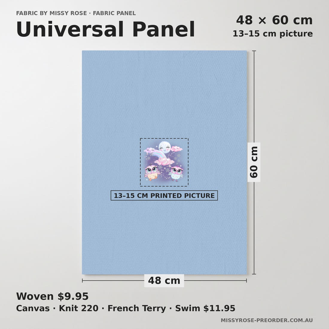 Design 404 Owl Panel universal panel sizing – 13–15 cm printed picture on 48 × 60 cm fabric | Fabric by Missy Rose
