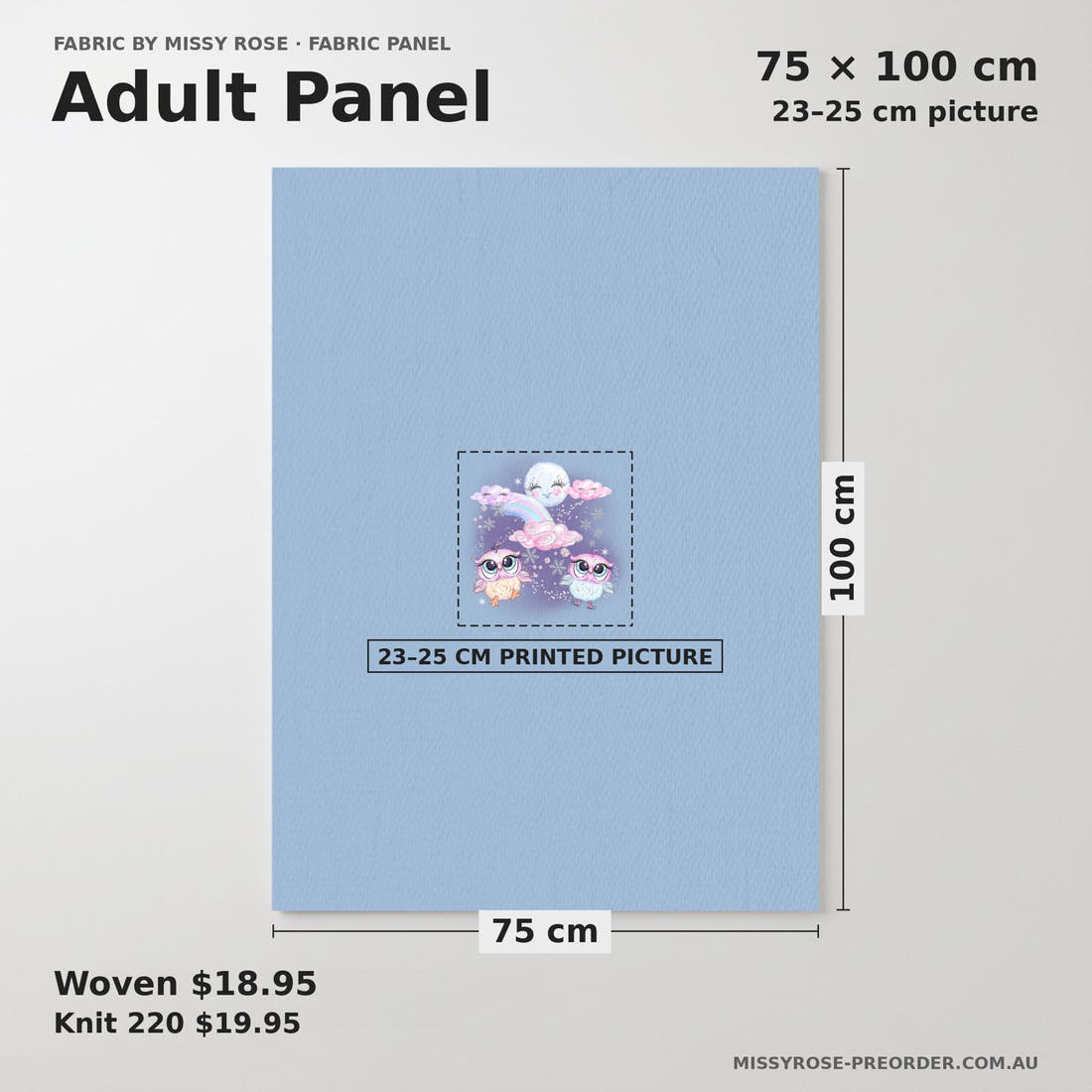 Design 404 Owl Panel adult panel sizing – 23–25 cm printed picture on 75 × 100 cm fabric | Fabric by Missy Rose