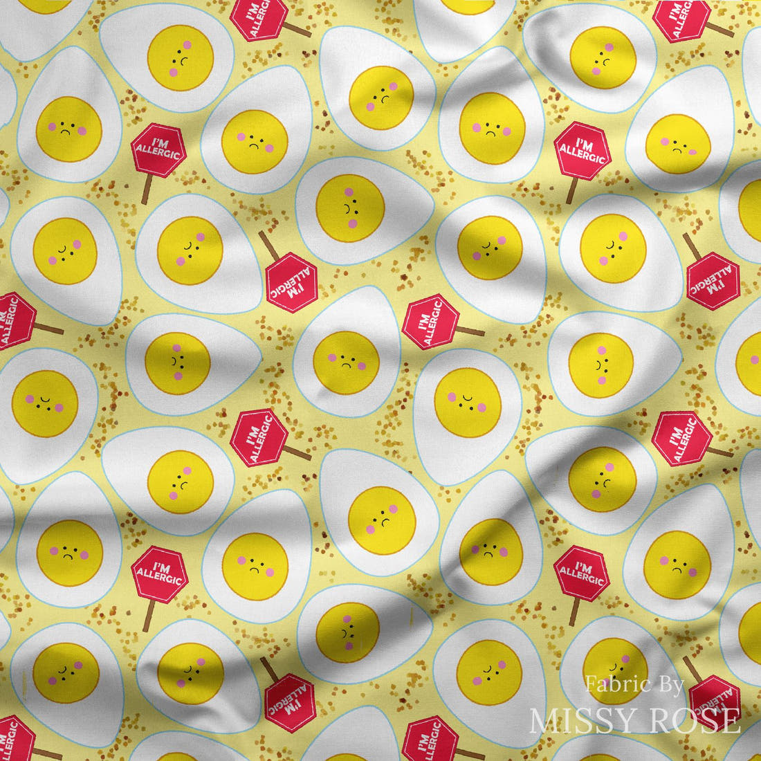 Design 405 Eggs Allergy Fabric draped fabric mockup – custom printed fabric by the metre | Fabric by Missy Rose