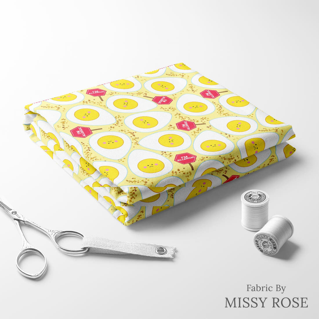 Design 405 Eggs Allergy Fabric folded fabric stack with matching thread – pre-order fabric Australia | Fabric by Missy Rose