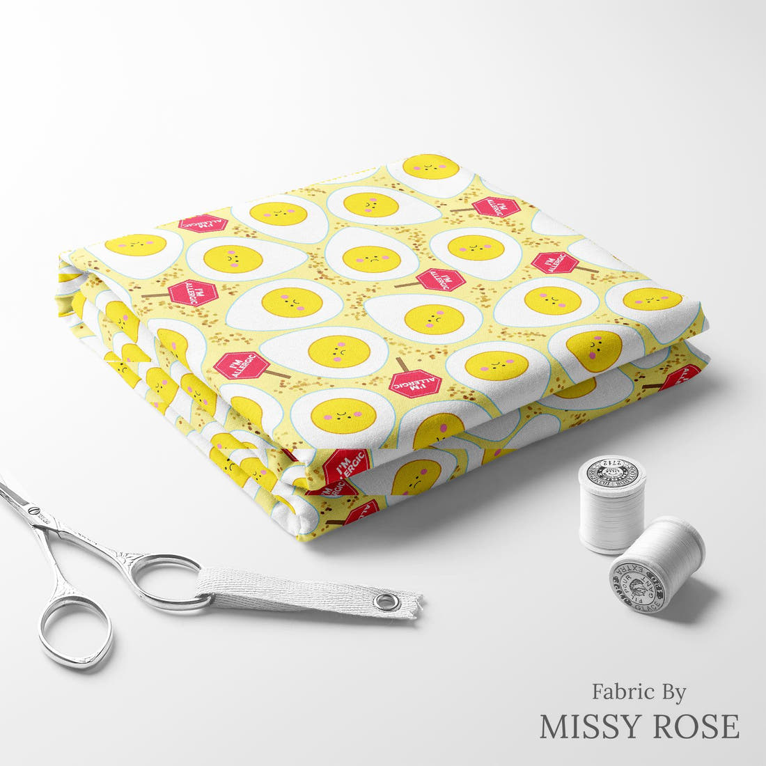 Design 405 Eggs Allergy Fabric folded fabric stack with matching thread – pre-order fabric Australia | Fabric by Missy Rose