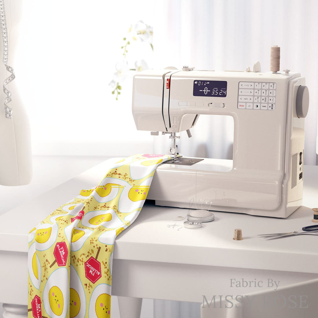 Design 405 Eggs Allergy Fabric on a sewing machine – premium fabric for sewing projects | Fabric by Missy Rose