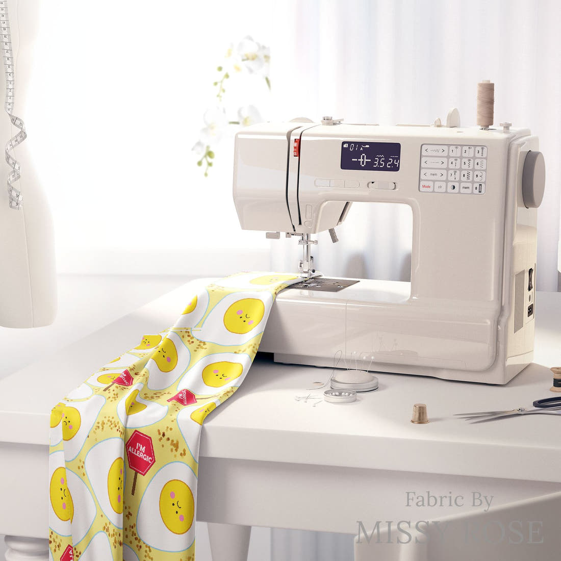 Design 405 Eggs Allergy Fabric on a sewing machine – premium fabric for sewing projects | Fabric by Missy Rose