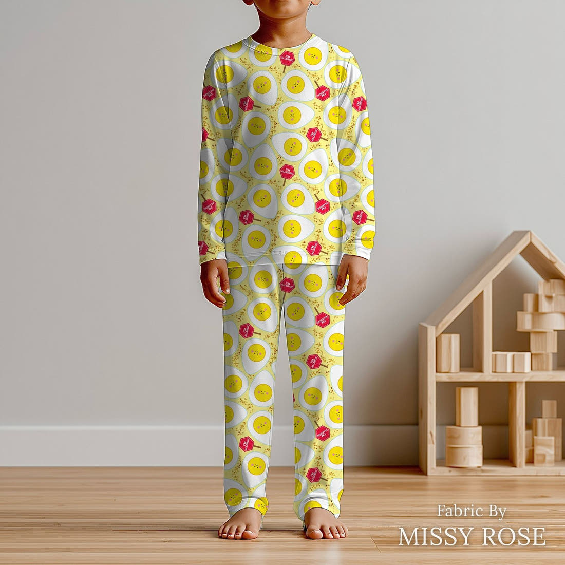 Design 405 Eggs Allergy Fabric sewn into kids' pyjamas – see how the print looks made up | Fabric by Missy Rose