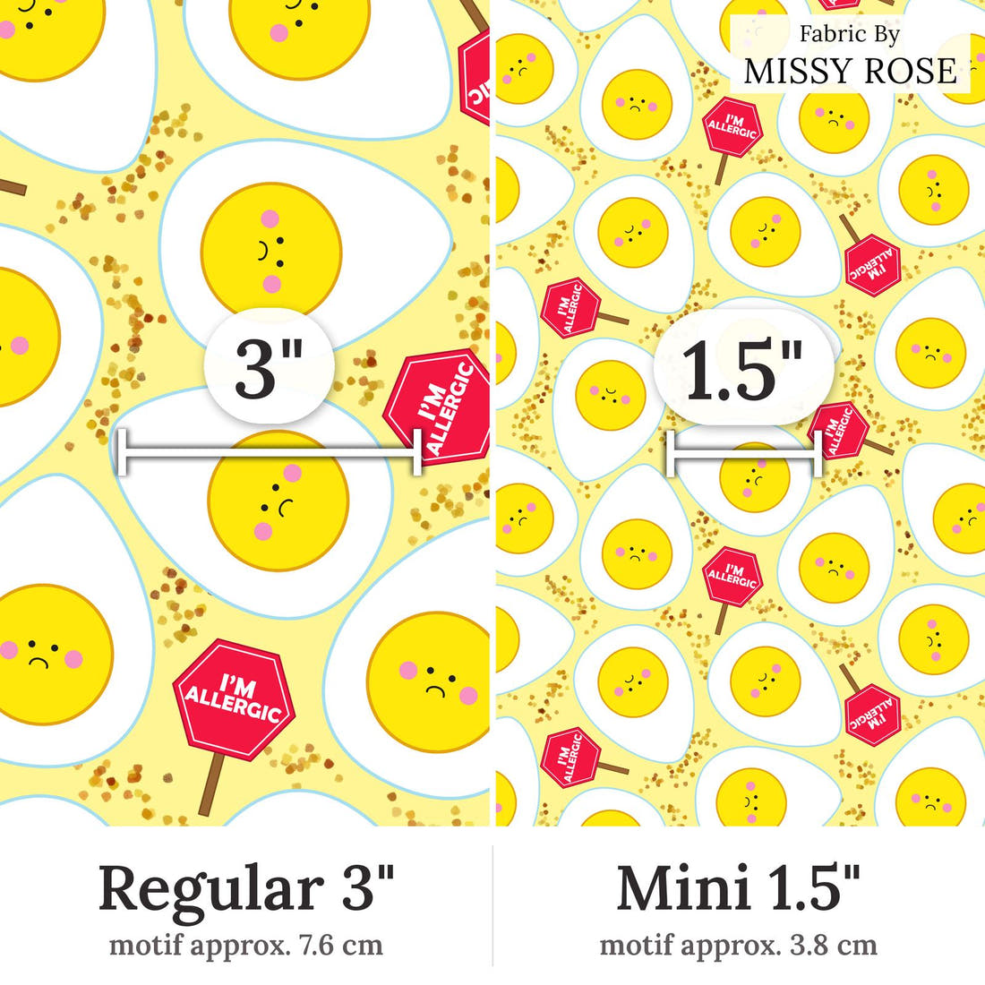 Design 405 Eggs Allergy Fabric Regular 3 inch vs Mini 1.5 inch print scale side by side | Fabric by Missy Rose