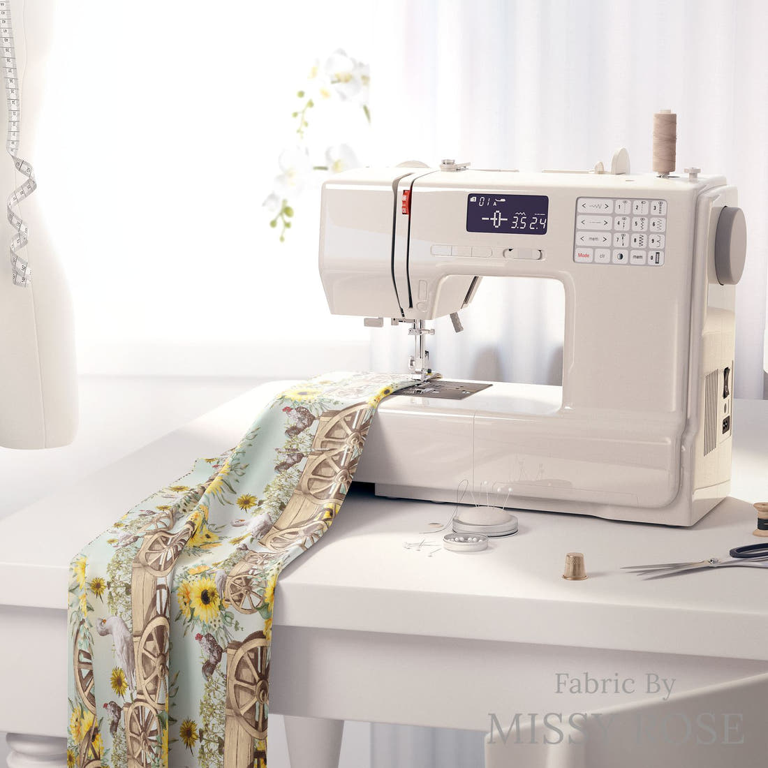 Design 406 Cute Farm Fabric on a sewing machine – premium fabric for sewing projects | Fabric by Missy Rose