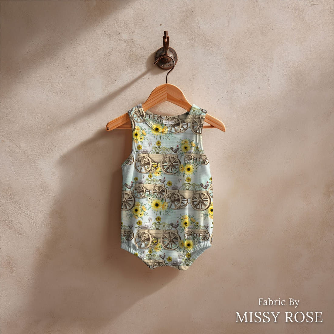 Design 406 Cute Farm Fabric sewn into a baby romper – see how the print looks made up | Fabric by Missy Rose