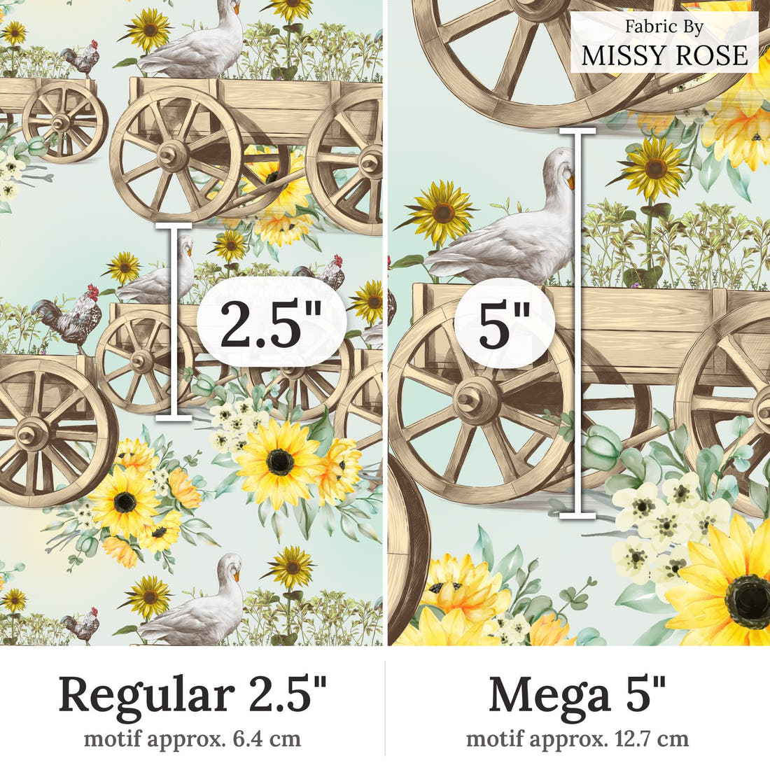 Design 406 Cute Farm Fabric Regular 2.5 inch vs Mega 5 inch print scale side by side | Fabric by Missy Rose