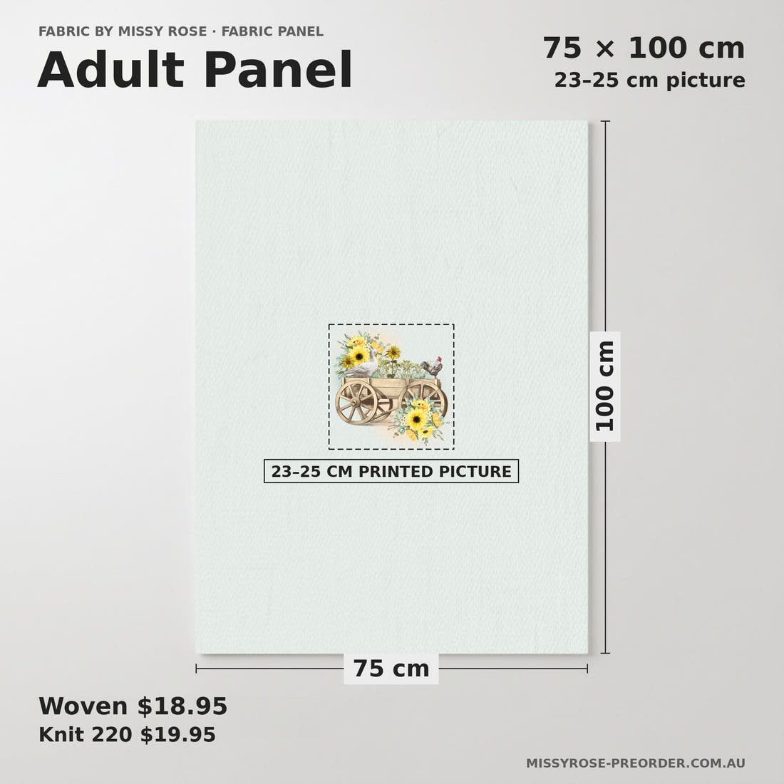 Design 406 Cute Farm Panel adult panel sizing – 23–25 cm printed picture on 75 × 100 cm fabric | Fabric by Missy Rose