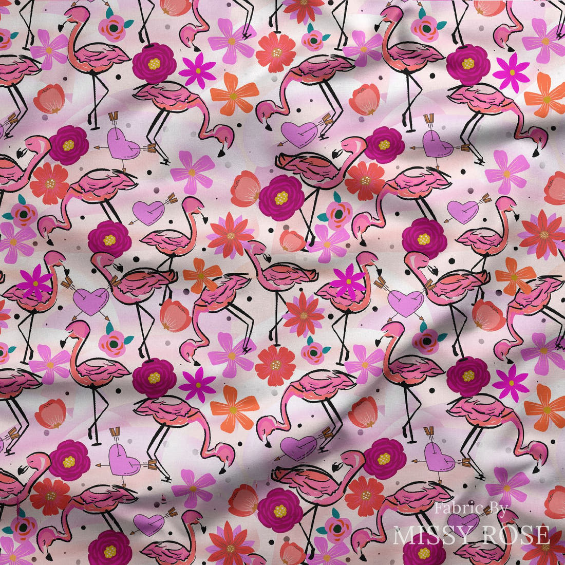 Design 407 Fabulous Flamingo Fabric draped fabric mockup – custom printed fabric by the metre | Fabric by Missy Rose