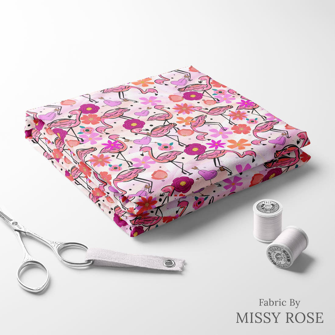 Design 407 Fabulous Flamingo Fabric folded fabric stack with matching thread – pre-order fabric Australia | Fabric by Missy Rose
