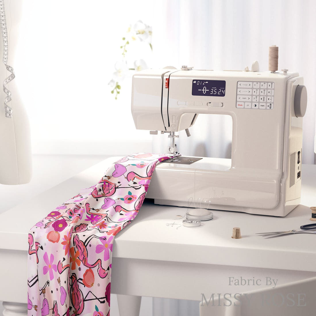 Design 407 Fabulous Flamingo Fabric on a sewing machine – premium fabric for sewing projects | Fabric by Missy Rose