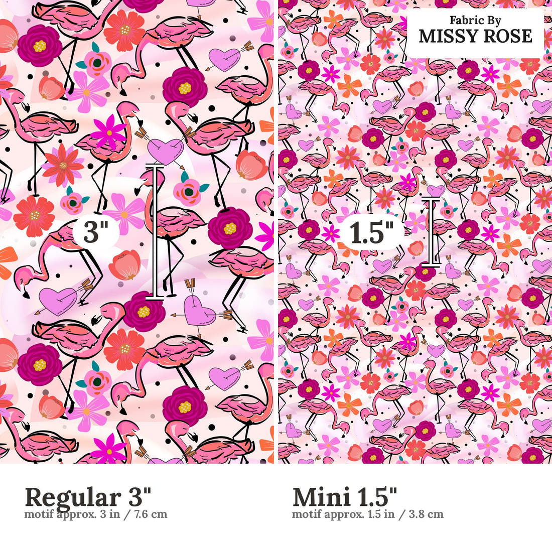 Design 407 Fabulous Flamingo Fabric size comparison - print scale | Fabric by Missy Rose