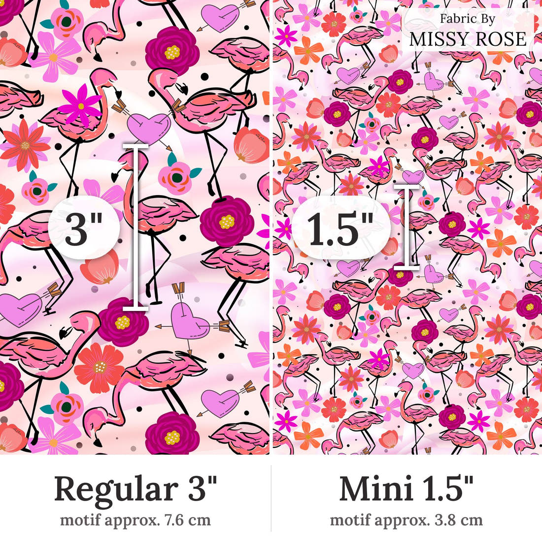Design 407 Fabulous Flamingo Fabric Regular 3 inch vs Mini 1.5 inch print scale side by side | Fabric by Missy Rose