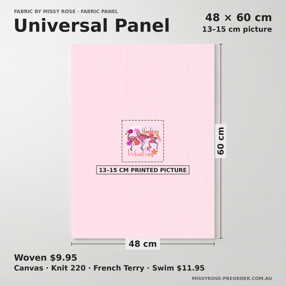 Design 407 Fabulous Flamingo Panel universal panel sizing – 13–15 cm printed picture on 48 × 60 cm fabric | Fabric by Missy Rose