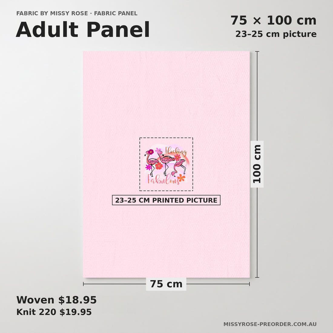 Design 407 Fabulous Flamingo Panel adult panel sizing – 23–25 cm printed picture on 75 × 100 cm fabric | Fabric by Missy Rose