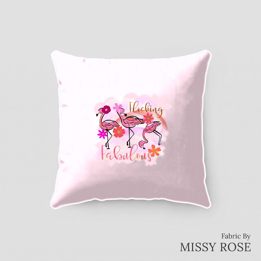 Design 407 Fabulous Flamingo Panel sewn into a cushion – see how the panel looks made up | Fabric by Missy Rose