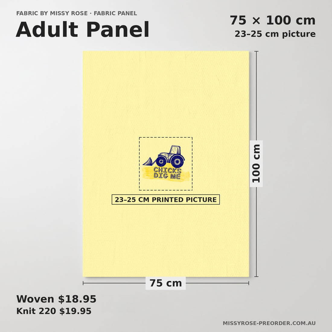 Design 408 Tractor Panel adult panel sizing – 23–25 cm printed picture on 75 × 100 cm fabric | Fabric by Missy Rose