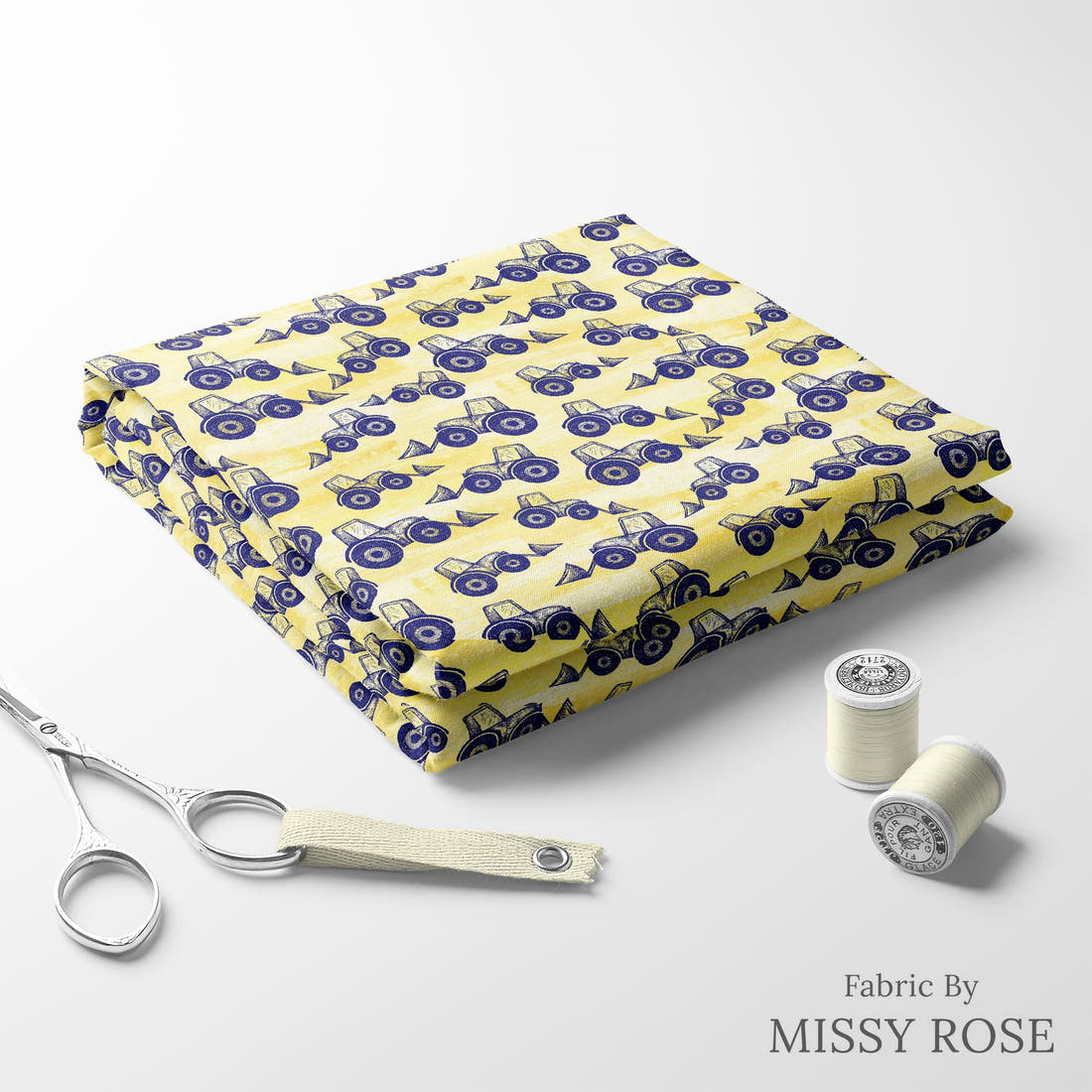 Design 408 Tractor Fabric folded fabric stack with matching thread – pre-order fabric Australia | Fabric by Missy Rose