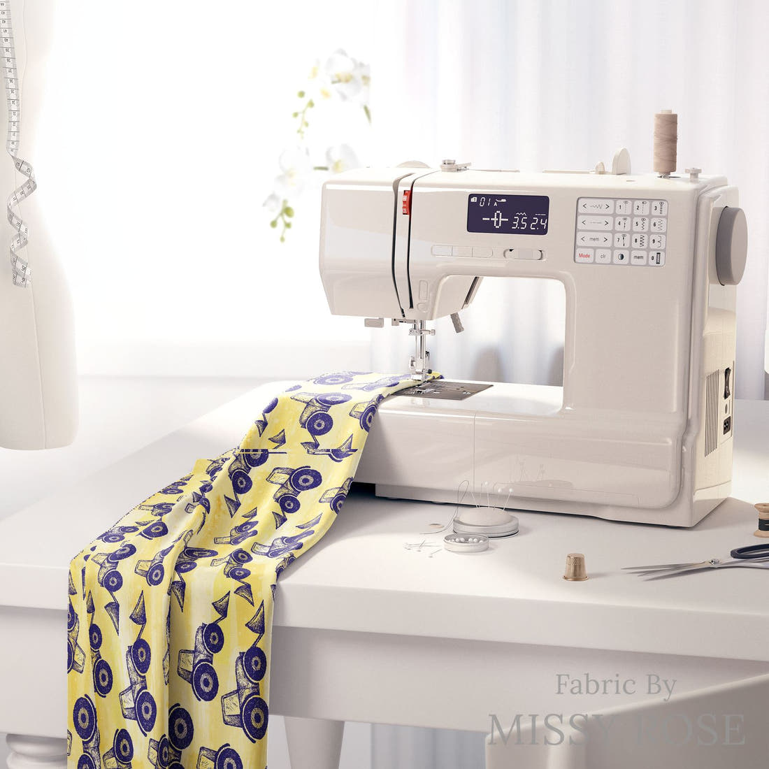 Design 408 Tractor Fabric on a sewing machine – premium fabric for sewing projects | Fabric by Missy Rose