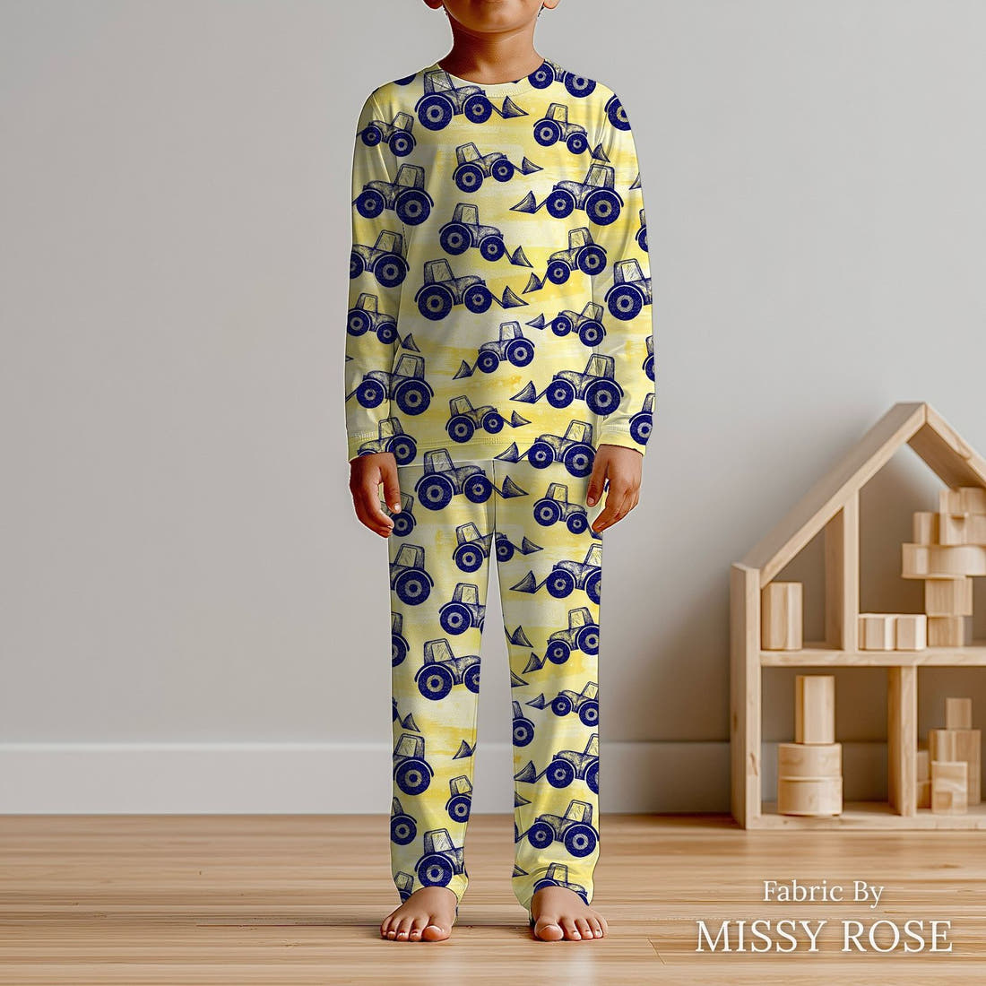 Design 408 Tractor Fabric sewn into kids' pyjamas – see how the print looks made up | Fabric by Missy Rose