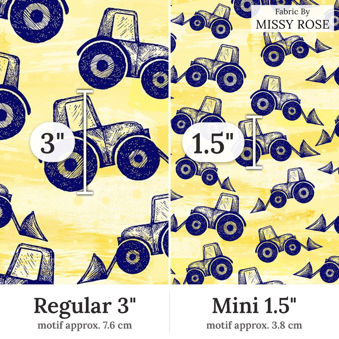 Design 408 Tractor Fabric Regular 3 inch vs Mini 1.5 inch print scale side by side | Fabric by Missy Rose