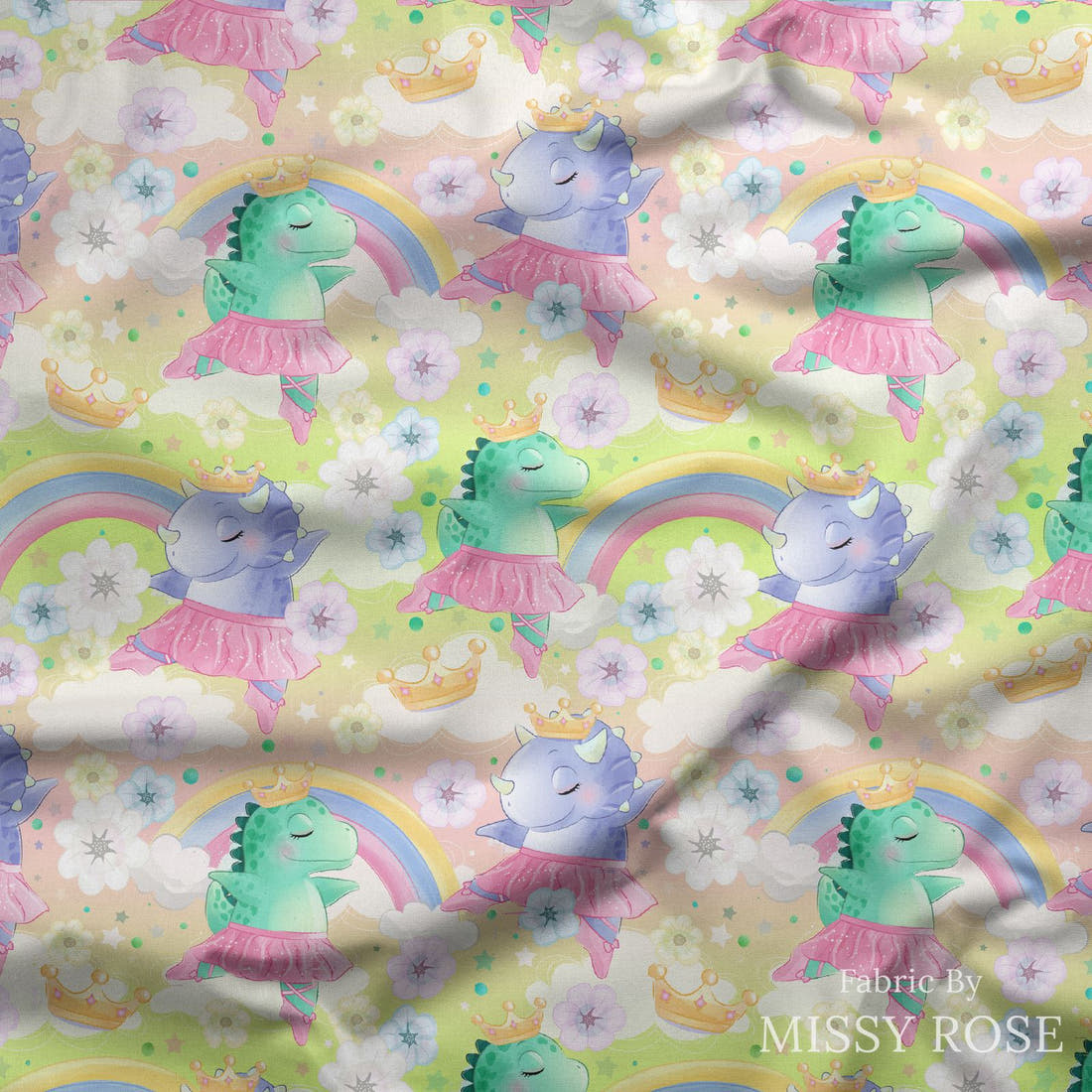 Design 409 Ballerina Dinosaur Fabric draped fabric mockup – custom printed fabric by the metre | Fabric by Missy Rose
