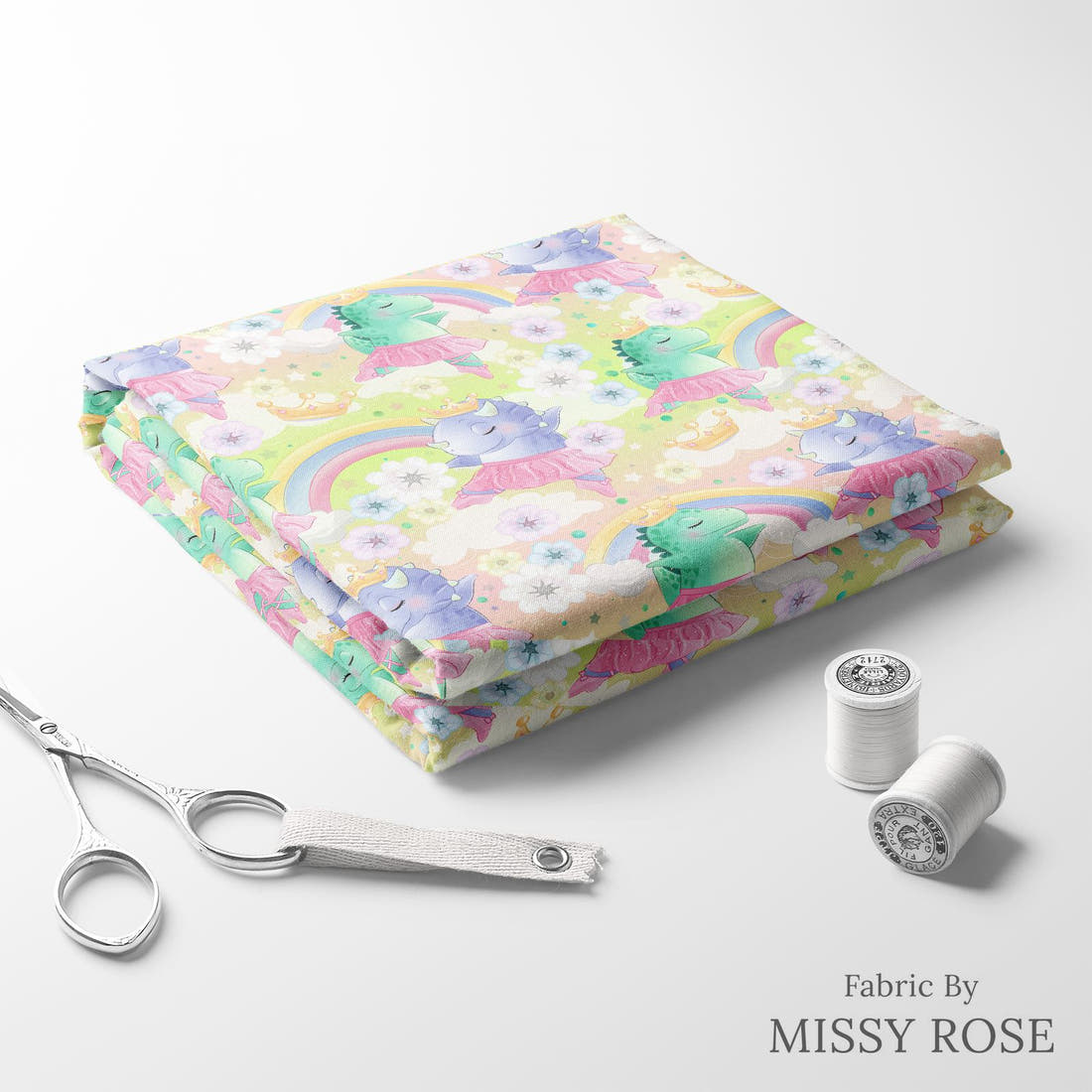 Design 409 Ballerina Dinosaur Fabric folded fabric stack with matching thread – pre-order fabric Australia | Fabric by Missy Rose