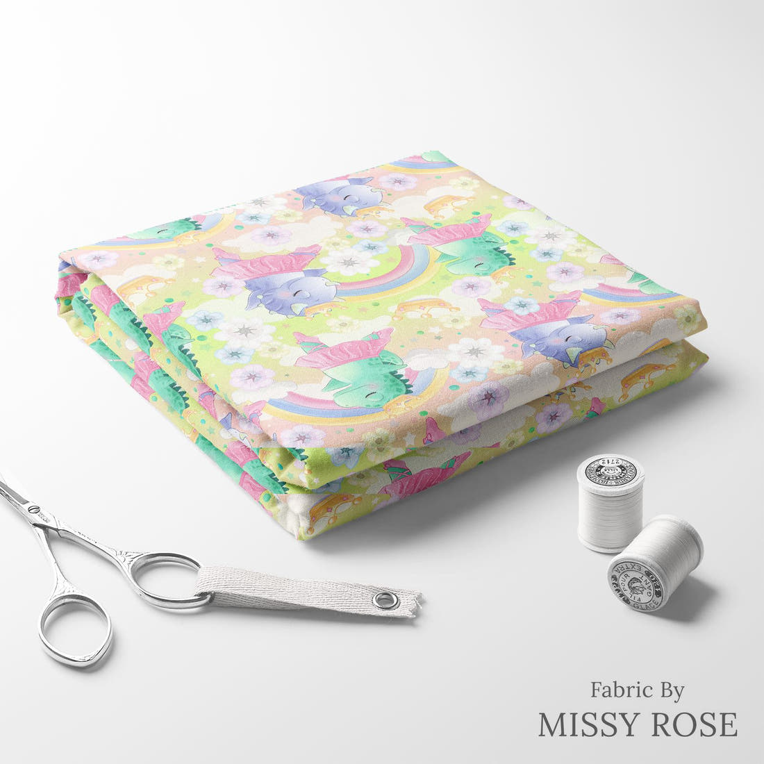 Design 409 Ballerina Dinosaur Fabric folded fabric stack with matching thread – pre-order fabric Australia | Fabric by Missy Rose