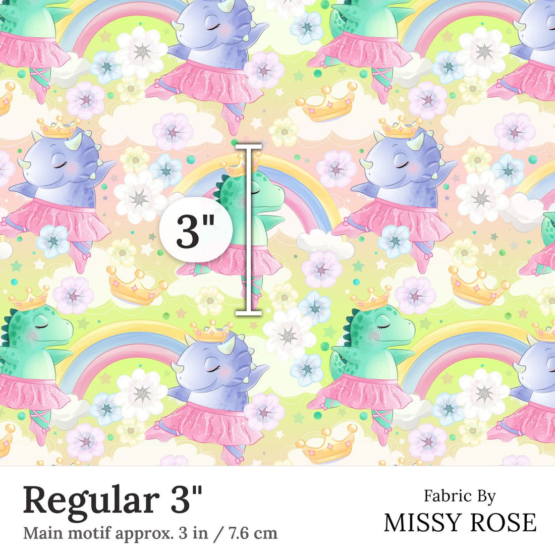 Design 409 Ballerina Dinosaur Fabric Regular 3 inch print scale guide | Fabric by Missy Rose