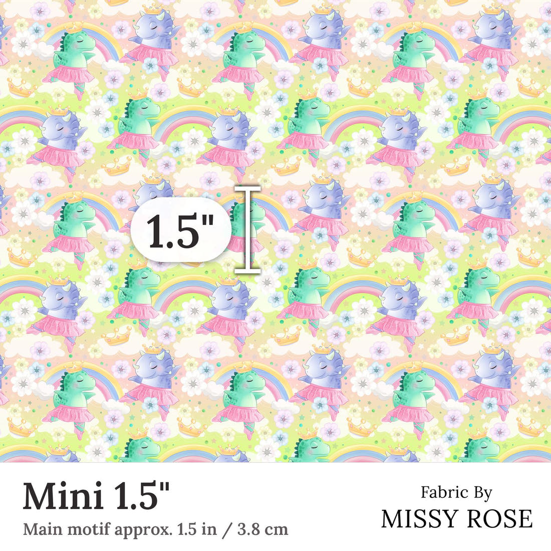 Design 409 Ballerina Dinosaur Fabric Mini 1.5 inch print scale guide | Fabric by Missy Rose