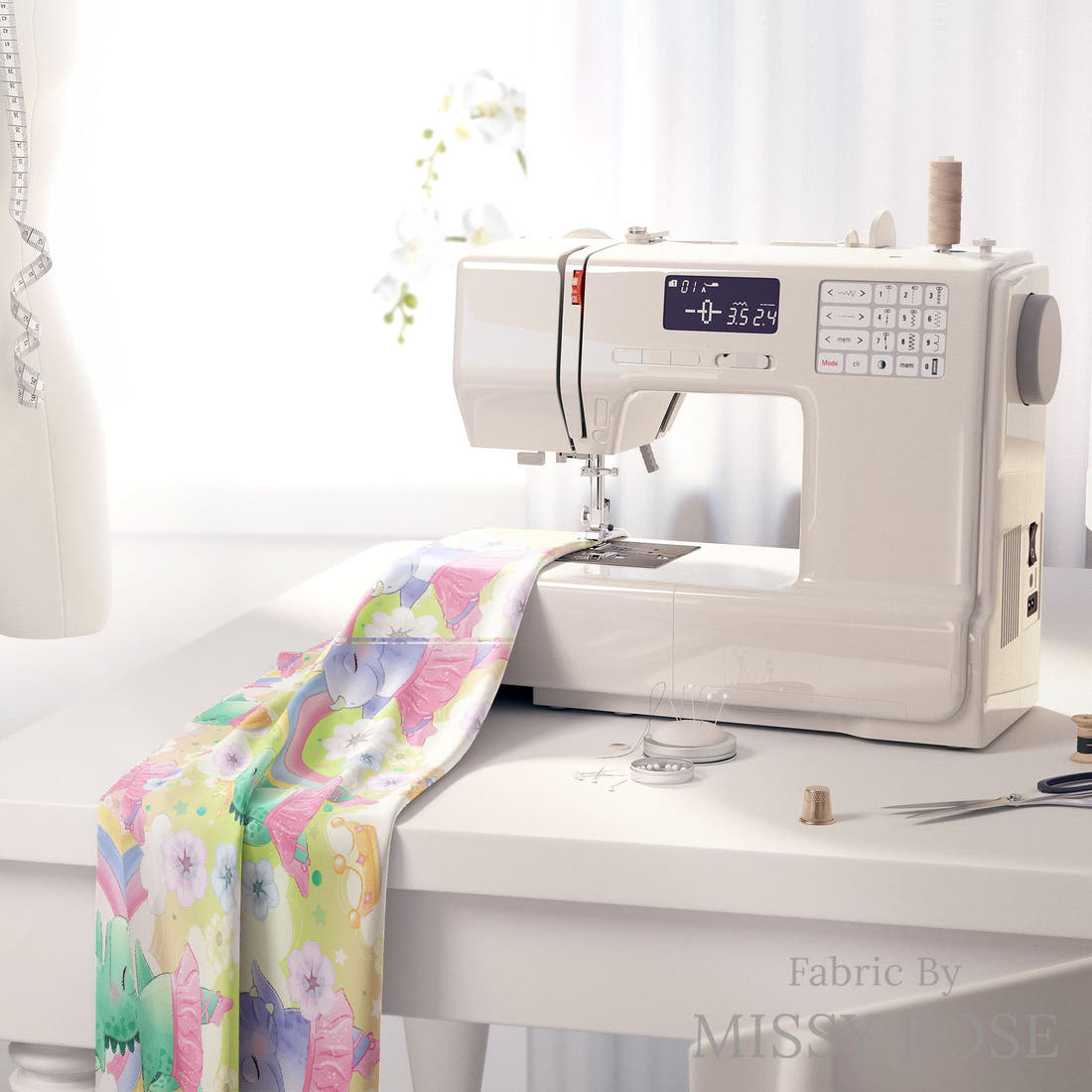 Design 409 Ballerina Dinosaur Fabric on a sewing machine – premium fabric for sewing projects | Fabric by Missy Rose