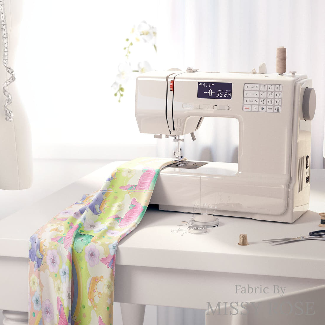 Design 409 Ballerina Dinosaur Fabric on a sewing machine – premium fabric for sewing projects | Fabric by Missy Rose