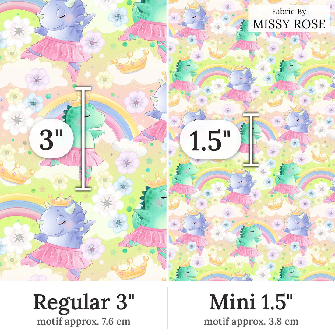 Design 409 Ballerina Dinosaur Fabric Regular 3 inch vs Mini 1.5 inch print scale side by side | Fabric by Missy Rose