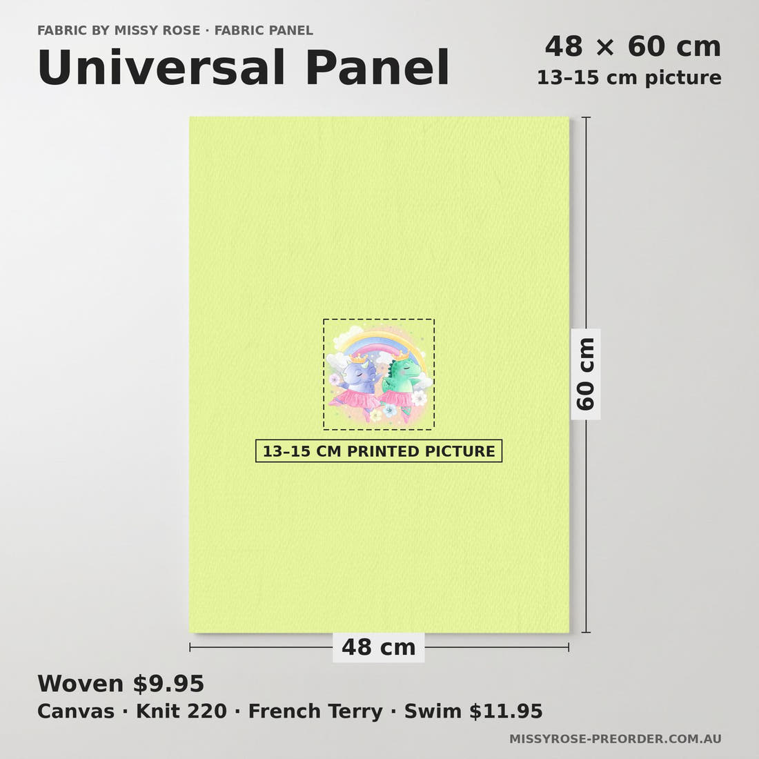 Design 409 Ballerina Dinosaur Panel universal panel sizing – 13–15 cm printed picture on 48 × 60 cm fabric | Fabric by Missy Rose
