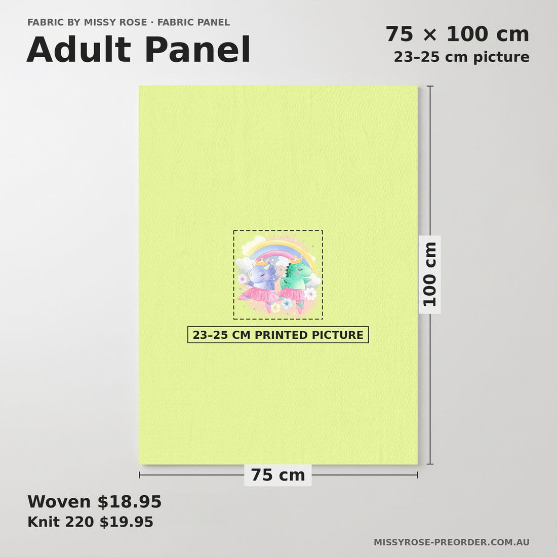 Design 409 Ballerina Dinosaur Panel adult panel sizing – 23–25 cm printed picture on 75 × 100 cm fabric | Fabric by Missy Rose