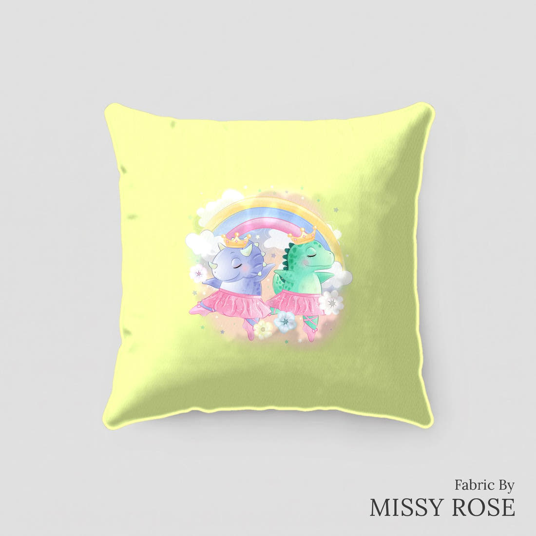 Design 409 Ballerina Dinosaur Panel sewn into a cushion – see how the panel looks made up | Fabric by Missy Rose