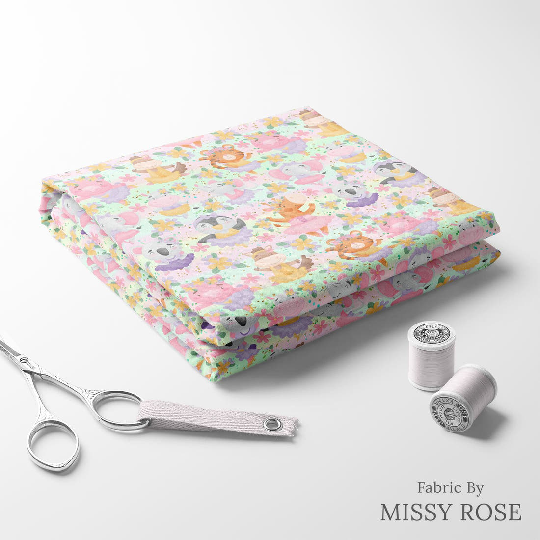 Design 41 Ballerina Animals Fabric folded fabric stack with matching thread – pre-order fabric Australia | Fabric by Missy Rose