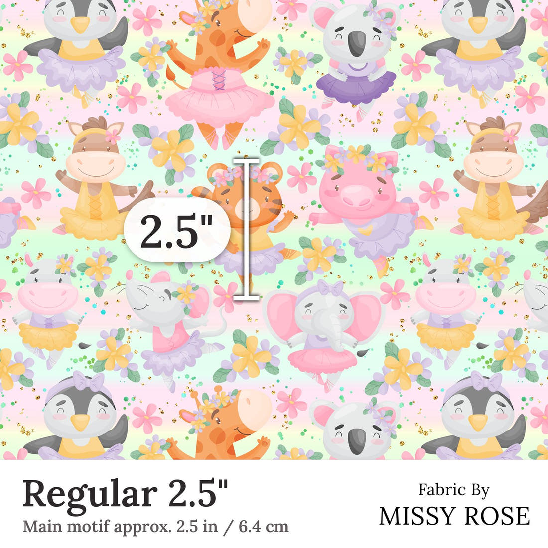 Design 41 Ballerina Animals Fabric Regular 2.5 inch print scale guide | Fabric by Missy Rose