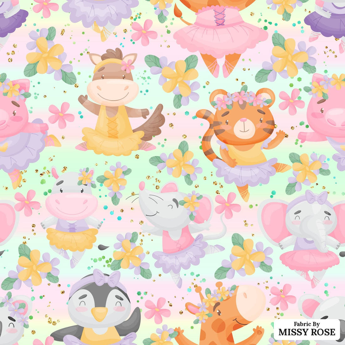 Design 41 Ballerina Animals Fabric - flat view of the print, zoom in for detail | Fabric by Missy Rose